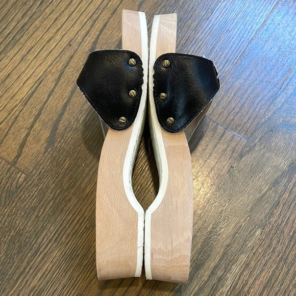 DR SCHOLLS Vintage 1980s black leather wooden The Original Sandal Exercise - Picture 7 of 14